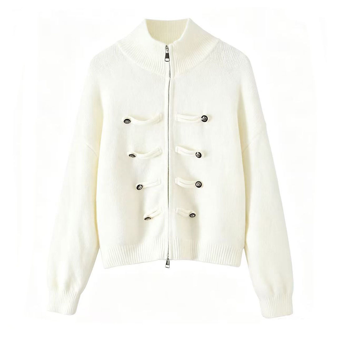 Damen Strickjacke mit Stehkragen, Reißverschluss und dekorativen Knotenblenden Echoarchiv