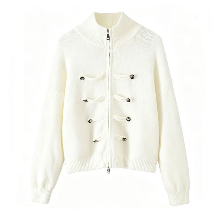 Damen Strickjacke mit Stehkragen, Reißverschluss und dekorativen Knotenblenden Echoarchiv
