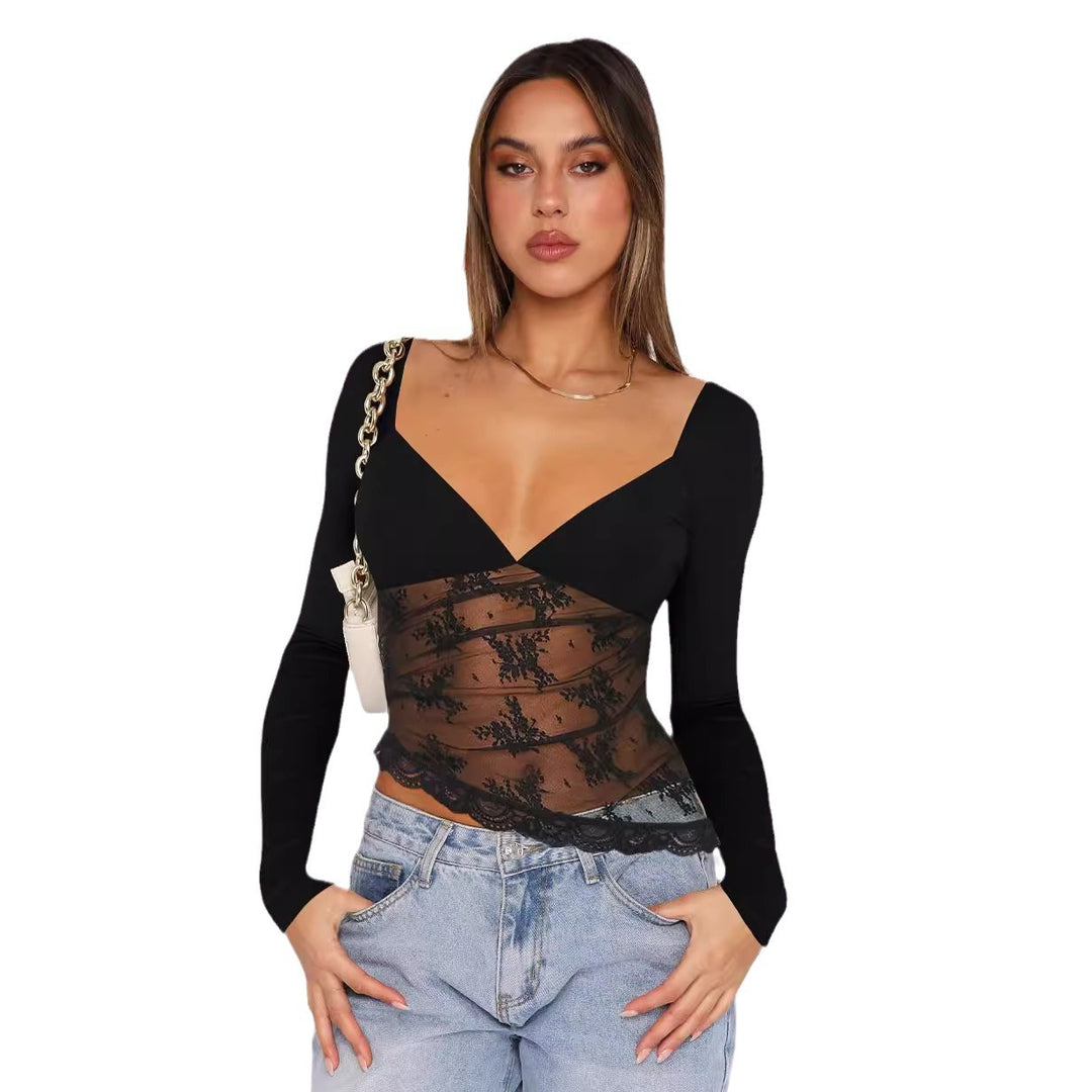 Damen Spitzenbluse mit tiefem V-Ausschnitt und langärmligem Design Echo Archiv