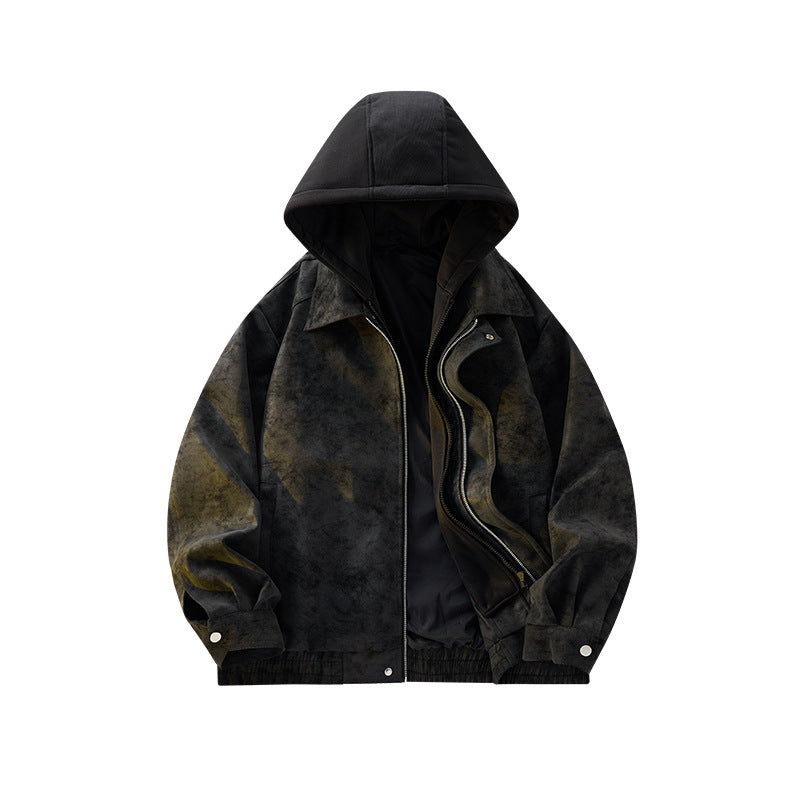 Herren Oversized Velourslederoptik Bomberjacke mit Kapuze und Doppelreißverschluss Echo Archiv