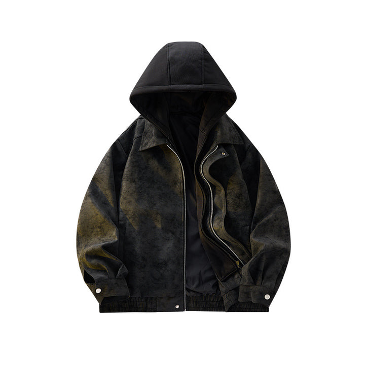 Herren Oversized Velourslederoptik Bomberjacke mit Kapuze und Doppelreißverschluss Echo Archiv