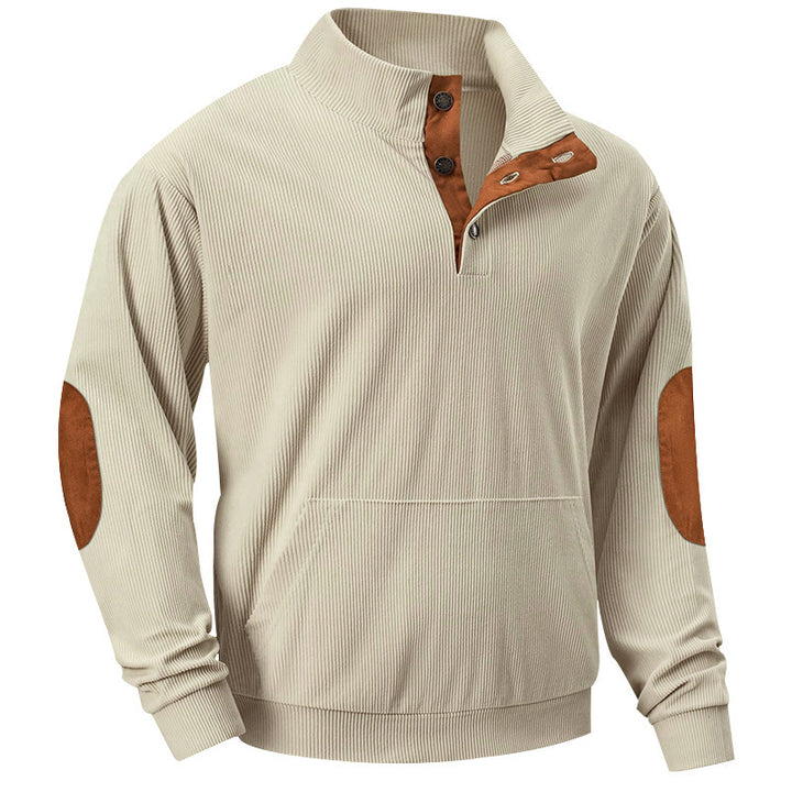 Herren Strukturiertes Ripp-Henley-Sweatshirt mit Stehkragen, Kängurutasche & Velours-Ellbogenpatches – Cavarno