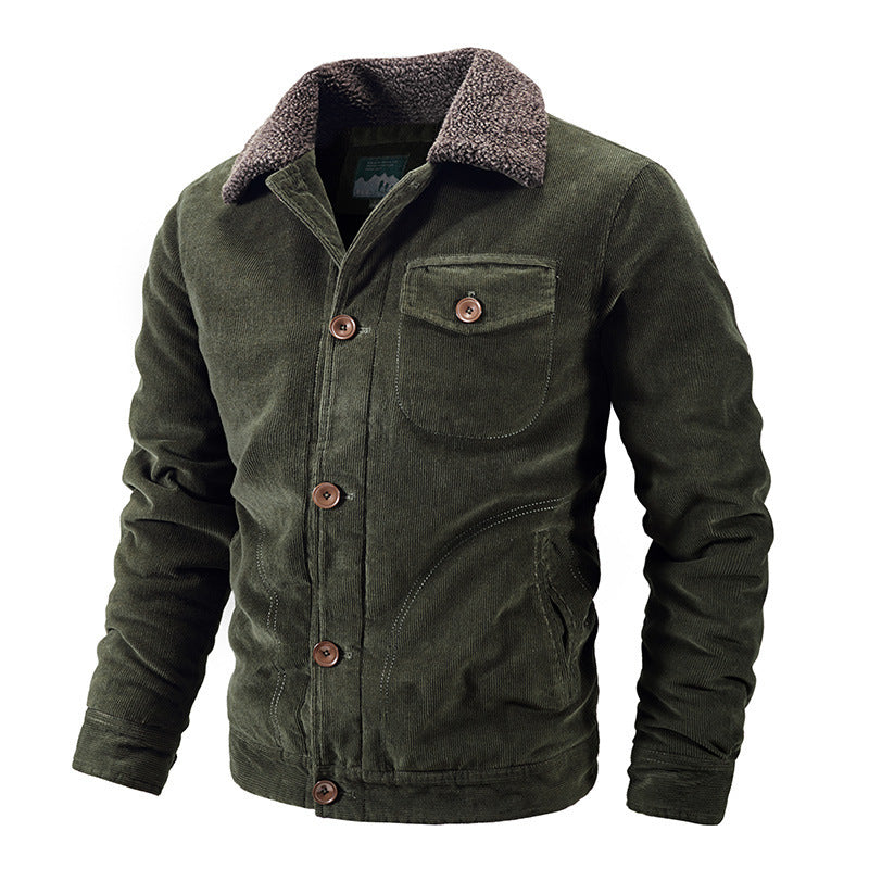 Herren Cord-Truckerjacke mit wärmendem Sherpa-Kragen und Holzknopffront – Taviero