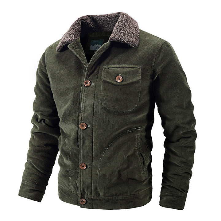 Herren Cord-Truckerjacke mit wärmendem Sherpa-Kragen und Holzknopffront – Taviero