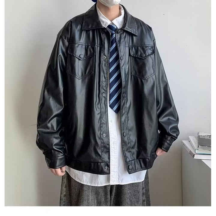 Herren Oversized Kunstleder-Hemdenjacke im Boxy-Look mit Pattentaschen und Druckknopfleiste Echoarchiv