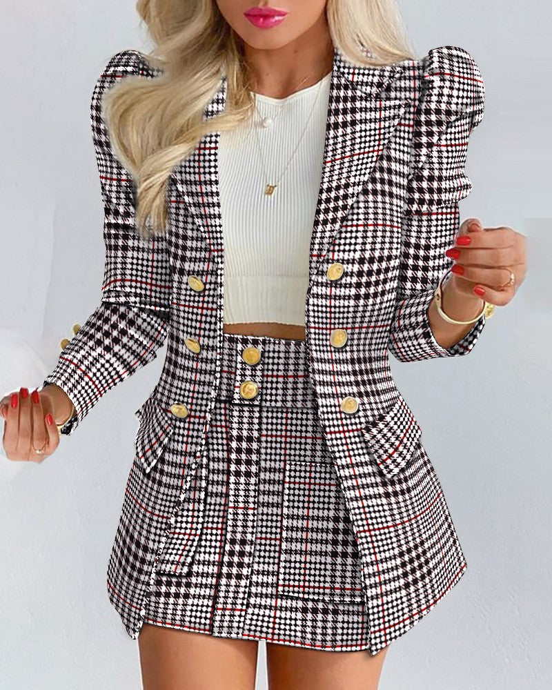 Damen Zweiteiliges karriertes Blazer- und Minirock-Set mit betonten Puffärmeln und goldenen Knöpfen – Valéne
