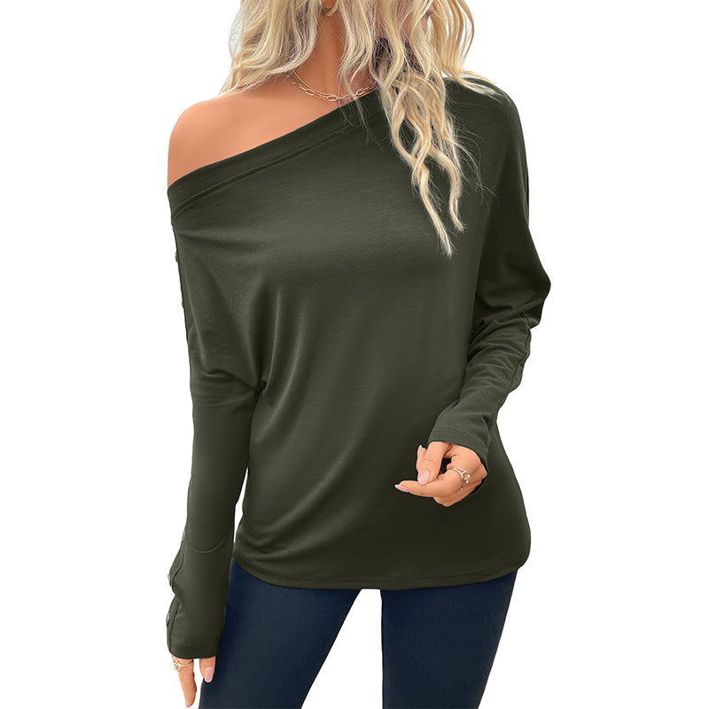Damen Oversized schulterfreies Langarmshirt mit Fledermausärmeln und Knopfmanschetten Echoarchiv