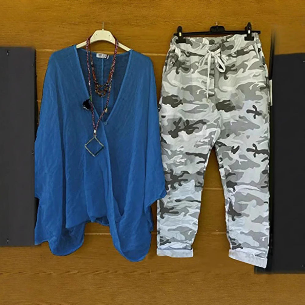 Damen nan Zweiteiler aus fließendem Kimono-Top und Camouflage-Jogginghose Echo Archiv