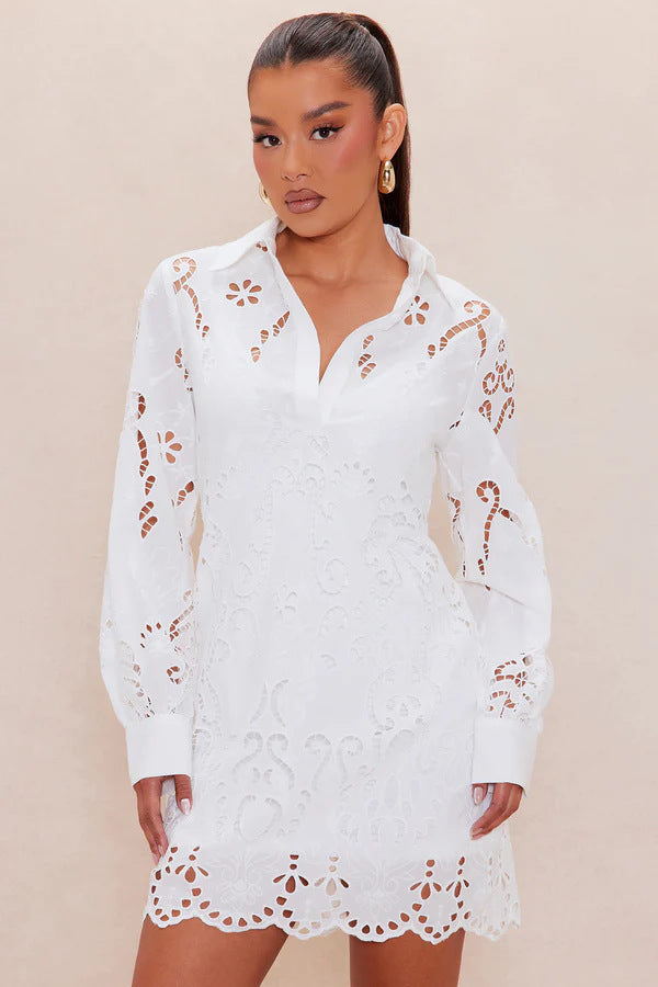 Damen Elegantes Hemdblusenkleid mit raffinierter Lochstickerei und langem Ärmel Echo Archiv