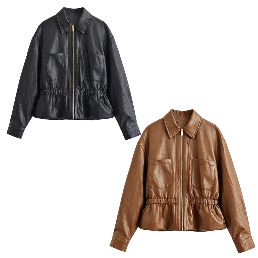 Damen Boxy-Kunstleder-Blouson mit elastischer Taillenpartie, aufgesetzten Brusttaschen und sichtbarem Reißverschluss Echoarchiv