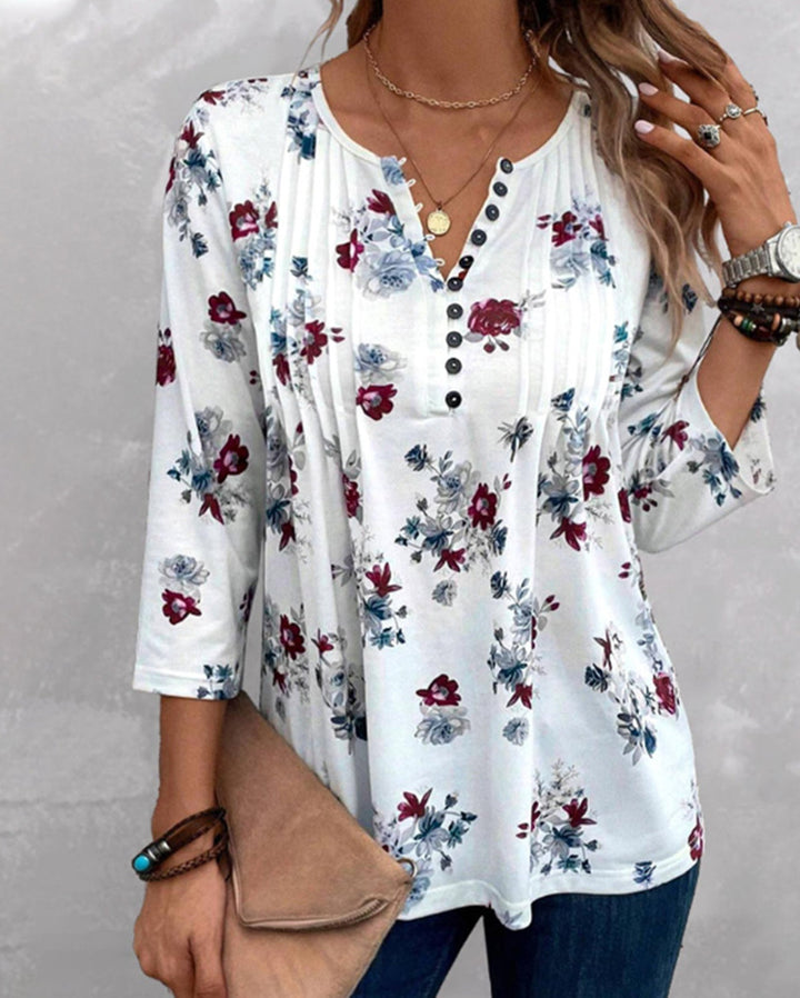 Damen nan florale Tunika-Bluse mit Kellerfalten und Zierknopfleiste Echo Archiv