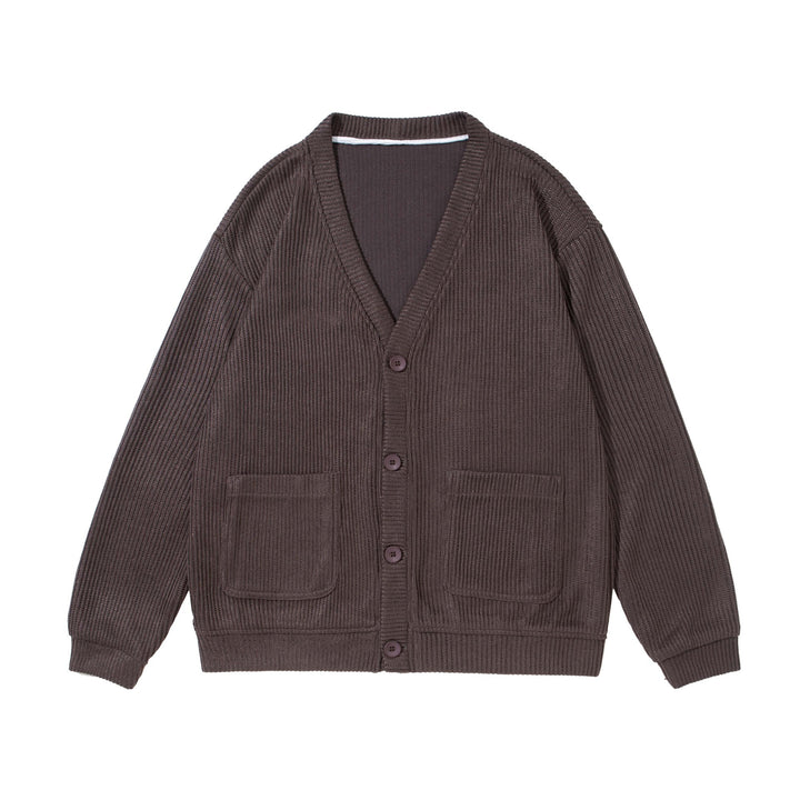Unisex Strukturiertes Knopf-Cardigan mit V-Ausschnitt und aufgesetzten Taschen Echoarchiv