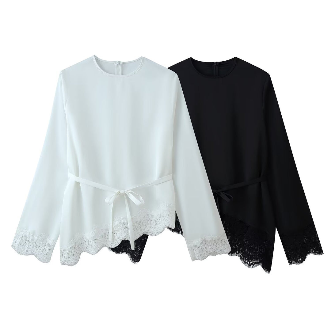Damen 50+ elegante Chiffonbluse mit Spitzenbesatz und Taillenband Echo Archiv