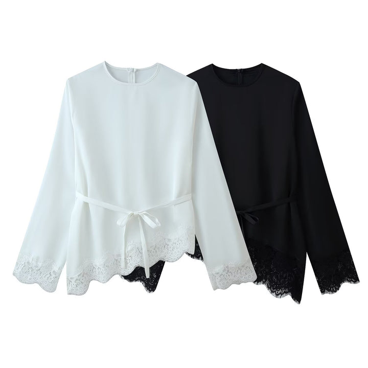 Damen 50+ elegante Chiffonbluse mit Spitzenbesatz und Taillenband Echo Archiv