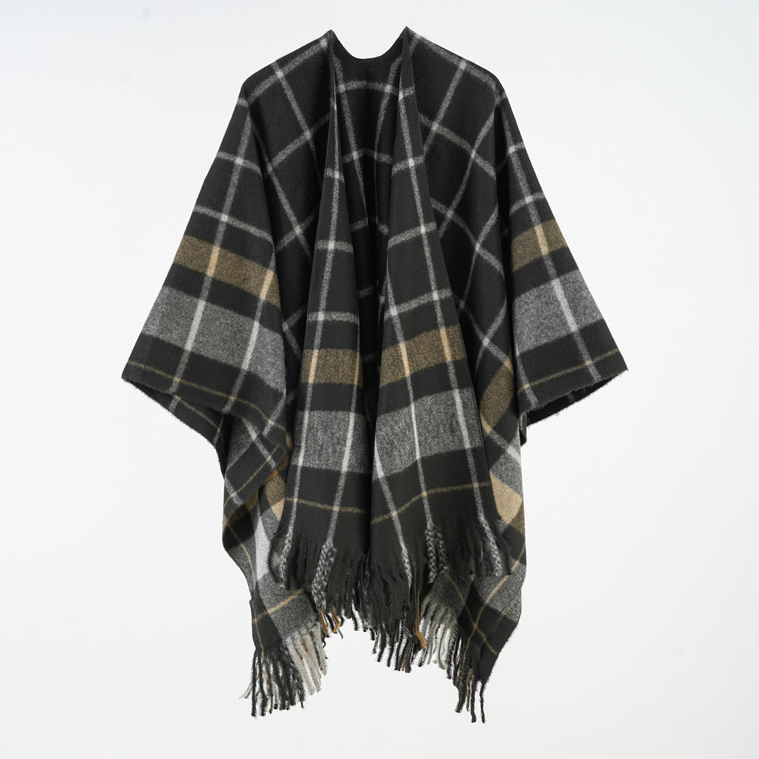 Damen Weicher Wollmix-Überwurfponcho im tartan-inspirierten Karo mit Fransen – Célinea