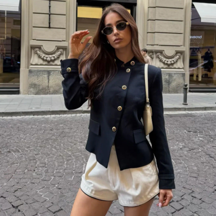Damen Taillierter Blazer mit Stehkragen und goldenen Zierknöpfen Echoarchiv