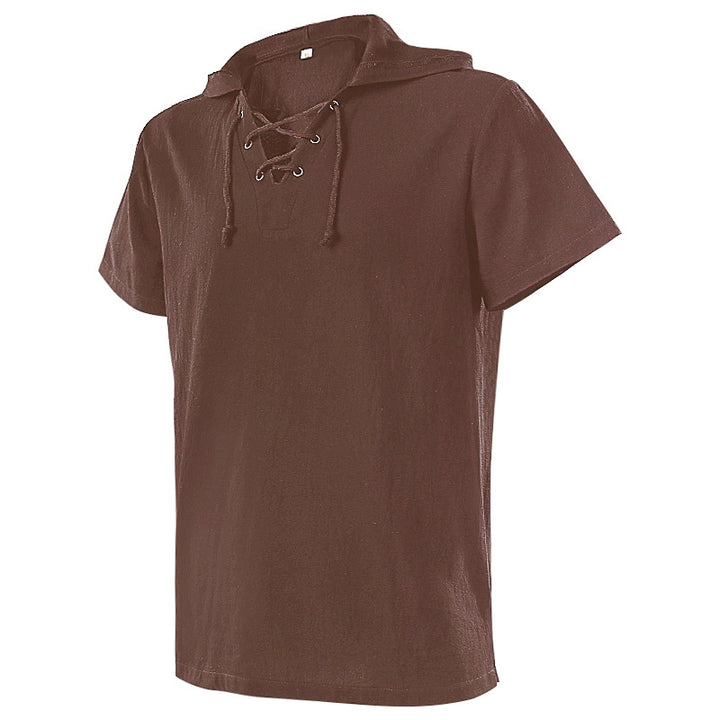 Herren lässiges Kurzarmshirt mit geschnürter V-Kehle, kurzem Stehkragen und weichem Baumwollmix – Marzano