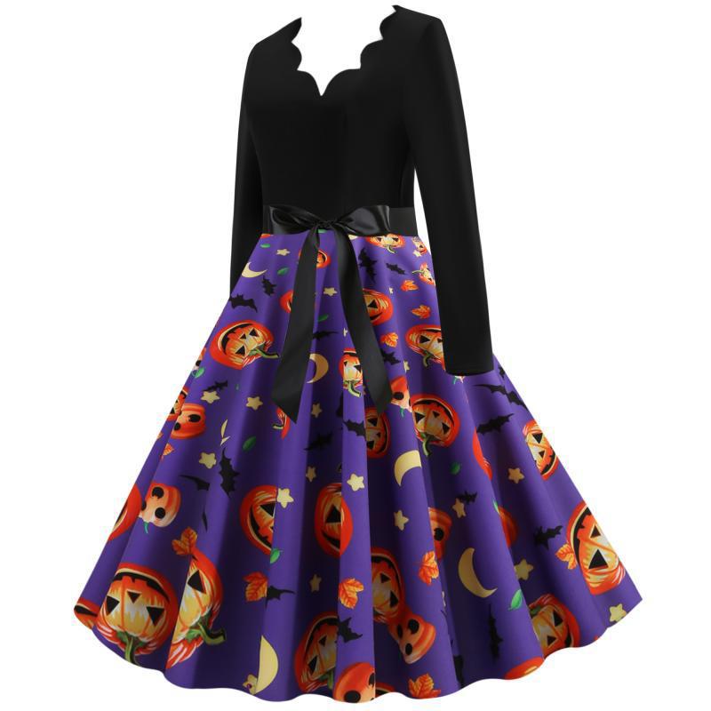 Damen Vintage Swingkleid mit Halloween-Kürbisprint und tailliertem Satinschärpenbund – Élara