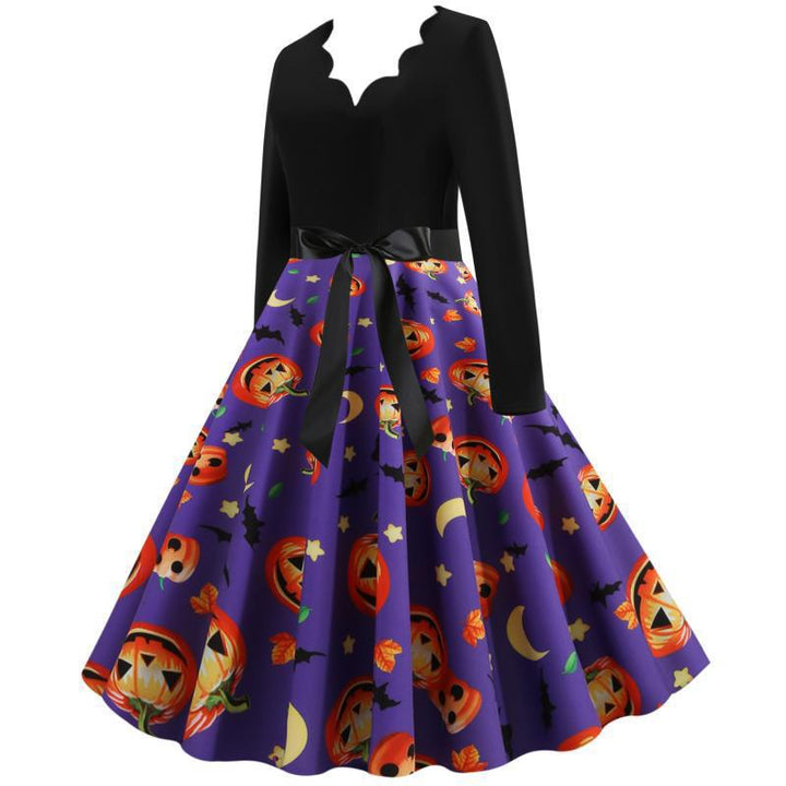 Damen Vintage Swingkleid mit Halloween-Kürbisprint und tailliertem Satinschärpenbund – Élara