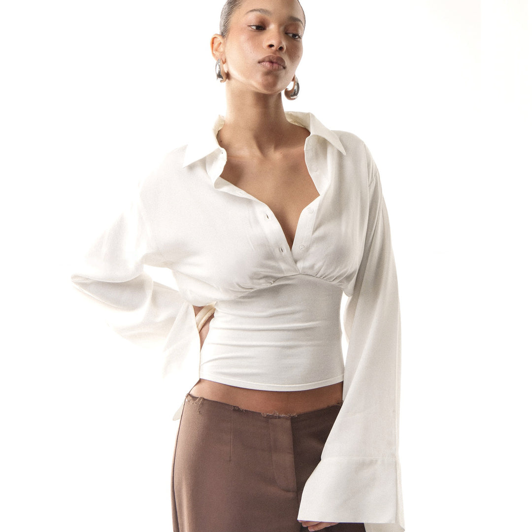 Damen nan taillierte Cropped-Bluse mit Hemdkragen und breitem Stretchbund Echo Archiv