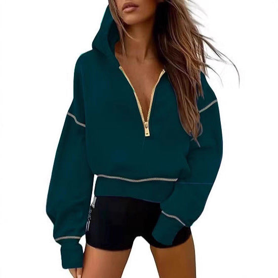 Damen nan cropped Kapuzenpullover mit halbem Reißverschluss und voluminösen Ballonärmeln Echo Archiv