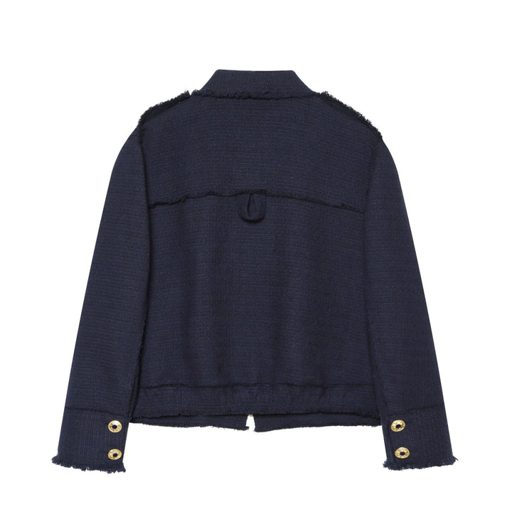Damen Bouclé‑Tweed Kurzblouson mit Fransen‑Detail, Pattentaschen und Schulterpatten Echo Archiv