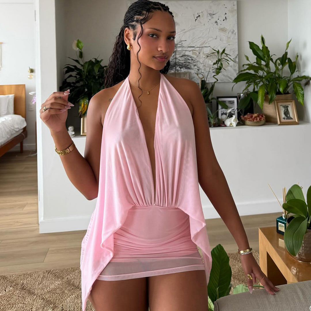 Damen kurzes lässiges Strandkleid mit tiefem V-Ausschnitt und fließender Silhouette Echo Archiv