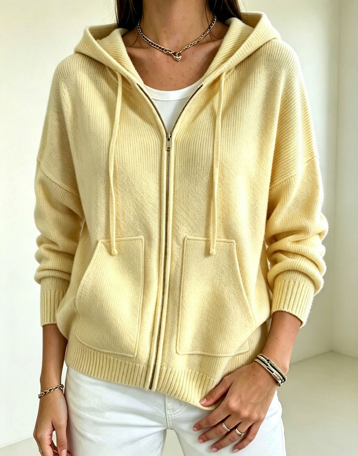 Damen Kapuzen-Wollmix Zip-Cardigan mit kastiger Passform und Kängurutaschen – Auréline