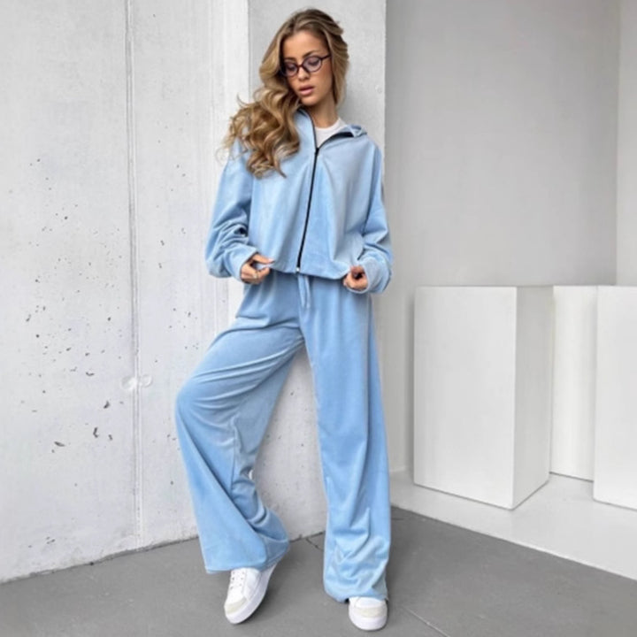 Damen weicher Velours Zweiteiler mit Kapuzenjacke und weiter Jogginghose – Élanora