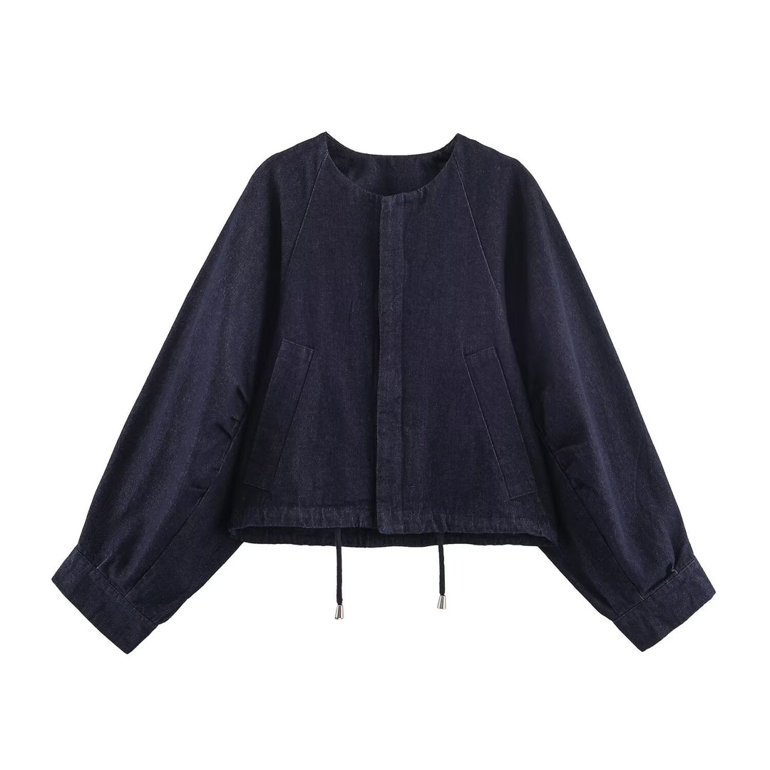 Damen Oversized Cropped Denim-Jacke mit Tunnelzug, Raglanärmeln und verdeckter Druckknopfleiste Echo Archiv