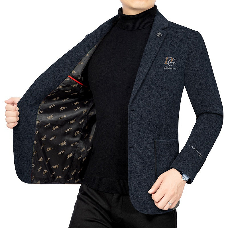 Herren Bouclé-Sakko mit kontrastierendem Satin-Innenfutter und Bruststickerei – Tianoro
