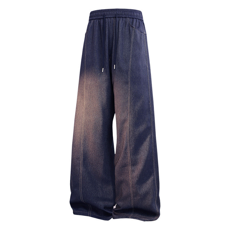 Damen Weite Denim-Hose mit elastischem Bund, Tunnelzug und vertikalen Ziernähten Echoarchiv