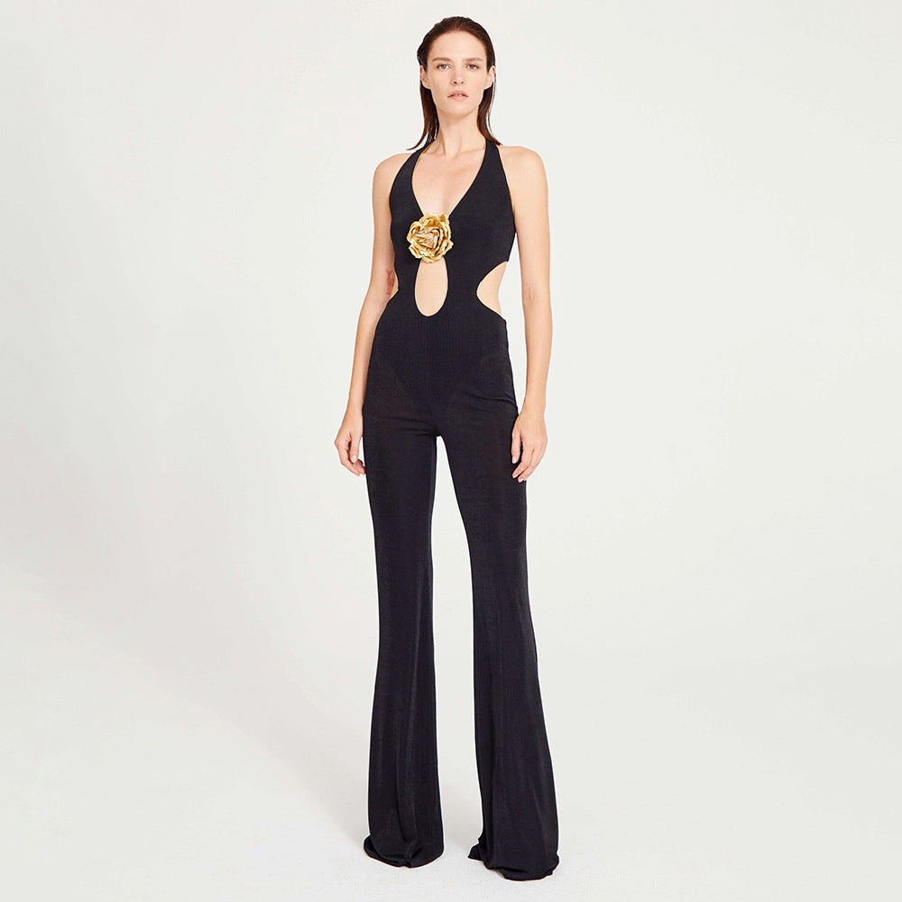 Damen Modischer Jumpsuit mit tiefem Ausschnitt und dekorativem Detail Echo Archiv