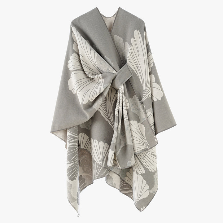 Damen Wickelponcho aus Jacquard mit floralem Muster und Taillengürtel – Avérine