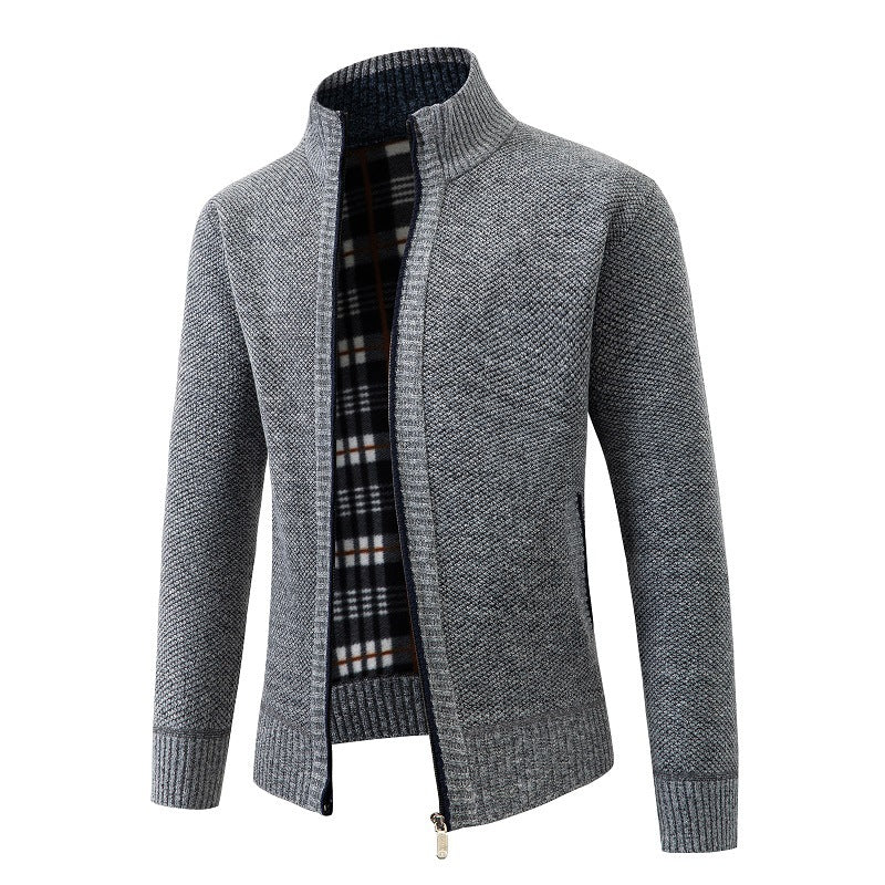 Herren Strukturiertes Zip-Strickjacke mit Karo‑Fleece‑Futter und Stehkragen Echo Archiv