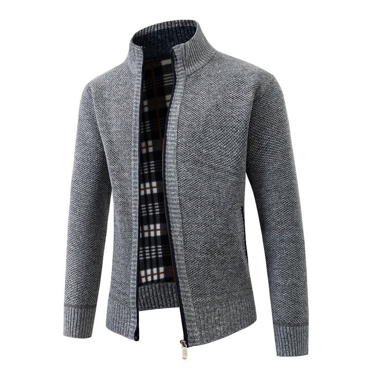 Herren Strukturiertes Zip-Strickjacke mit Karo‑Fleece‑Futter und Stehkragen Echo Archiv