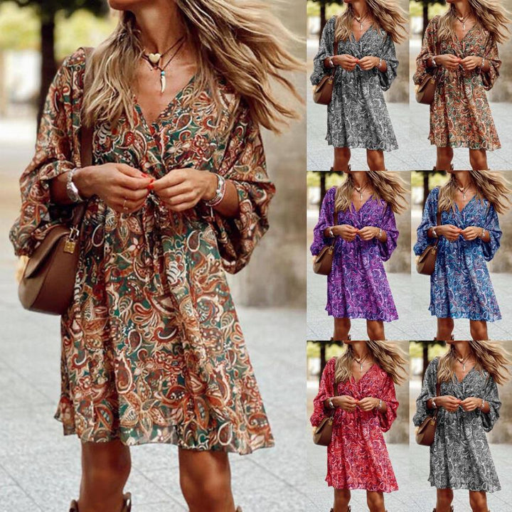 Frauen Boho Mini Kleid mit Paisley-Druck, V-Ausschnitt, gebundenem Gürtel und Ballonärmeln Echoarchiv