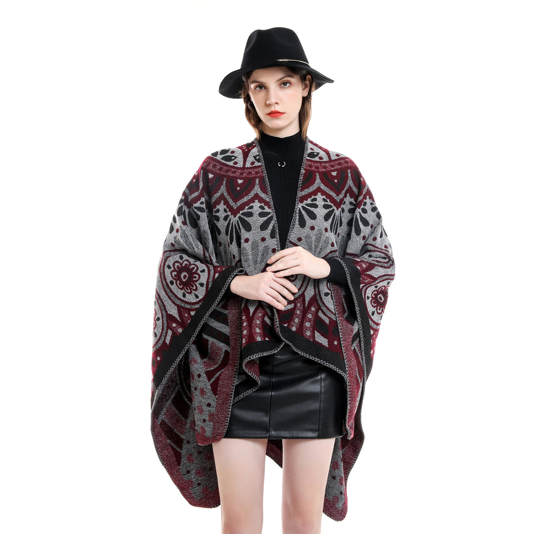 Damen Wollmix-Umhangponcho mit ornamentaler Jacquardstruktur und offenem Fall – Montévia