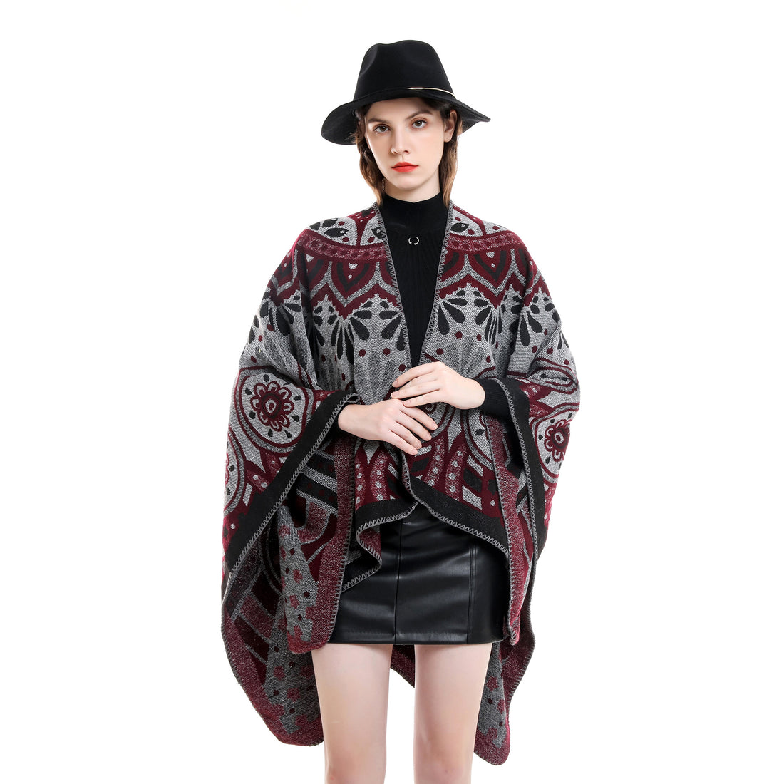 Damen Wollmix-Umhangponcho mit ornamentaler Jacquardstruktur und offenem Fall – Montévia