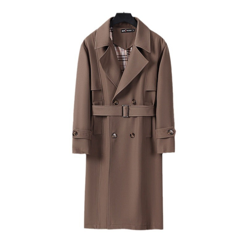 Herren Midilanger Doppelreihiger Trenchcoat mit Taillengürtel, abgefalcetem Revers und kariertem Innenfutter Echoarchiv