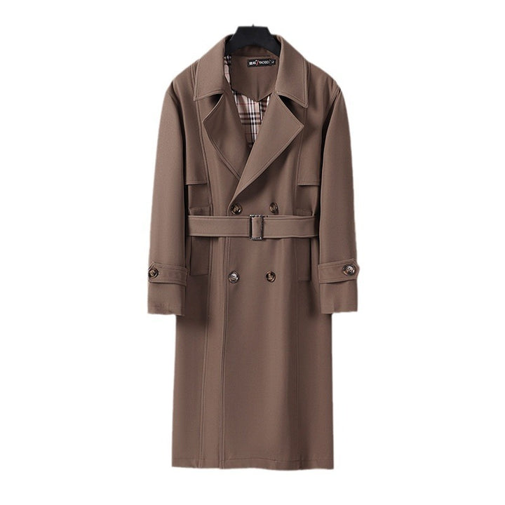 Herren Midilanger Doppelreihiger Trenchcoat mit Taillengürtel, abgefalcetem Revers und kariertem Innenfutter Echoarchiv