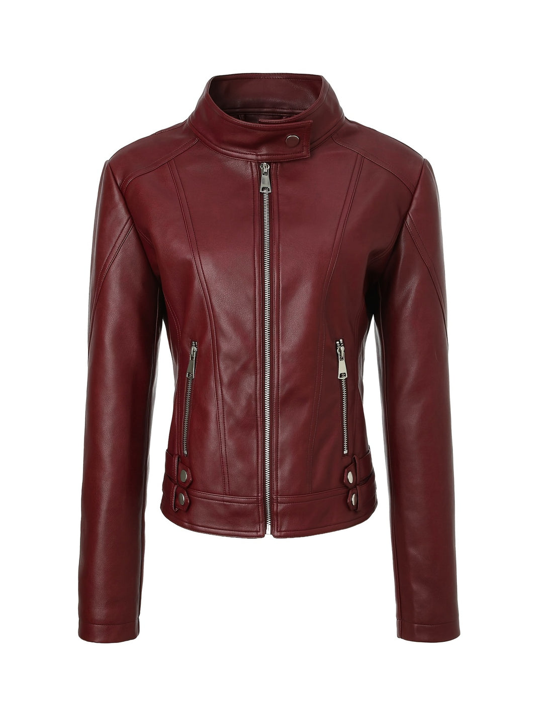 Damen Modische Kunstlederjacke mit Reißverschluss und seitlichen Taschen – Célinea