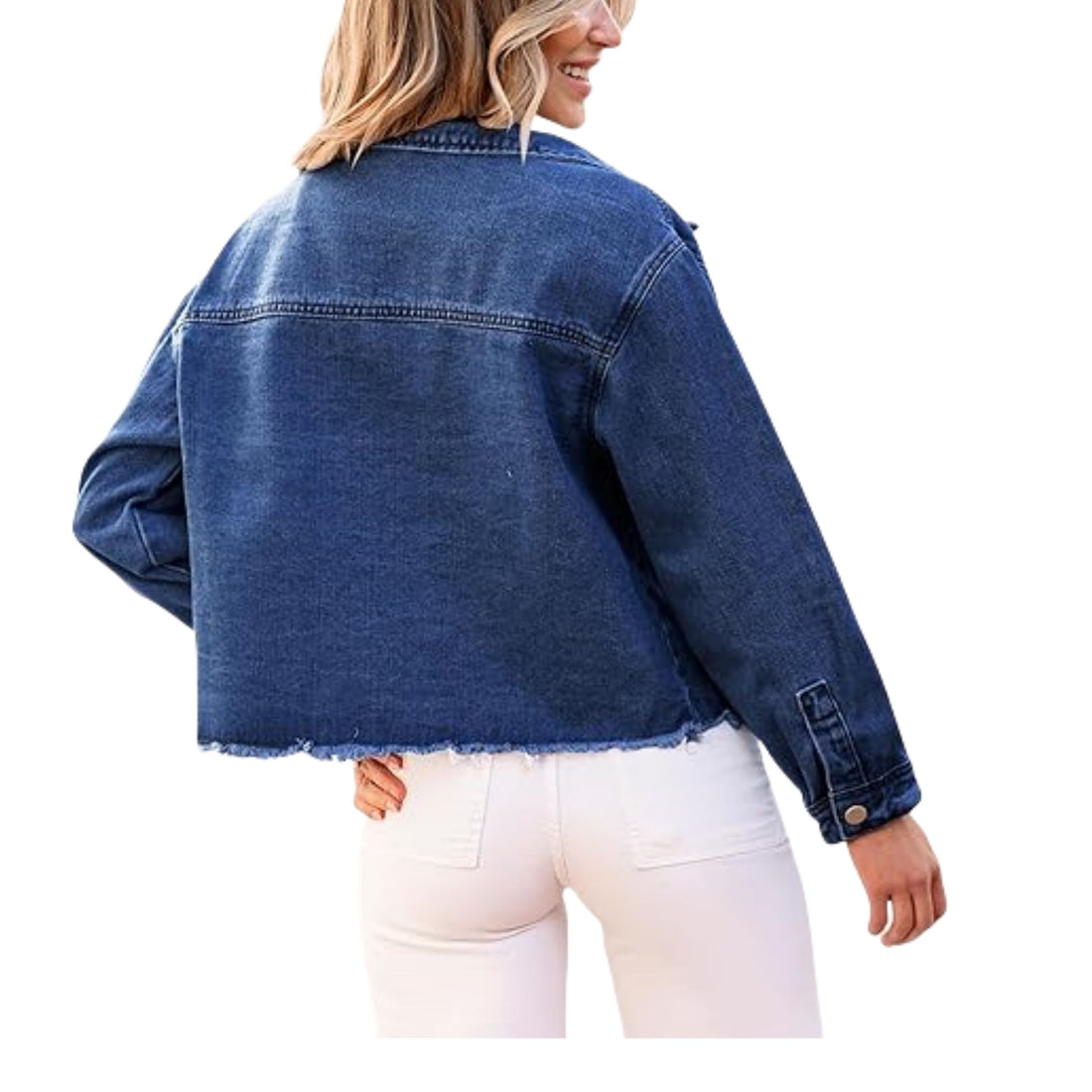 Damen Cropped Denimjacke mit Fransenabschluss und aufgesetzten Brusttaschen Echo Archiv