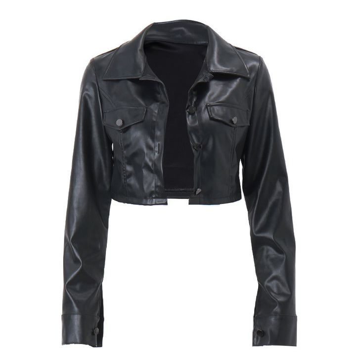Damen Kurze Kunstlederjacke mit Hemdkragen und Druckknopfleiste – Célinea