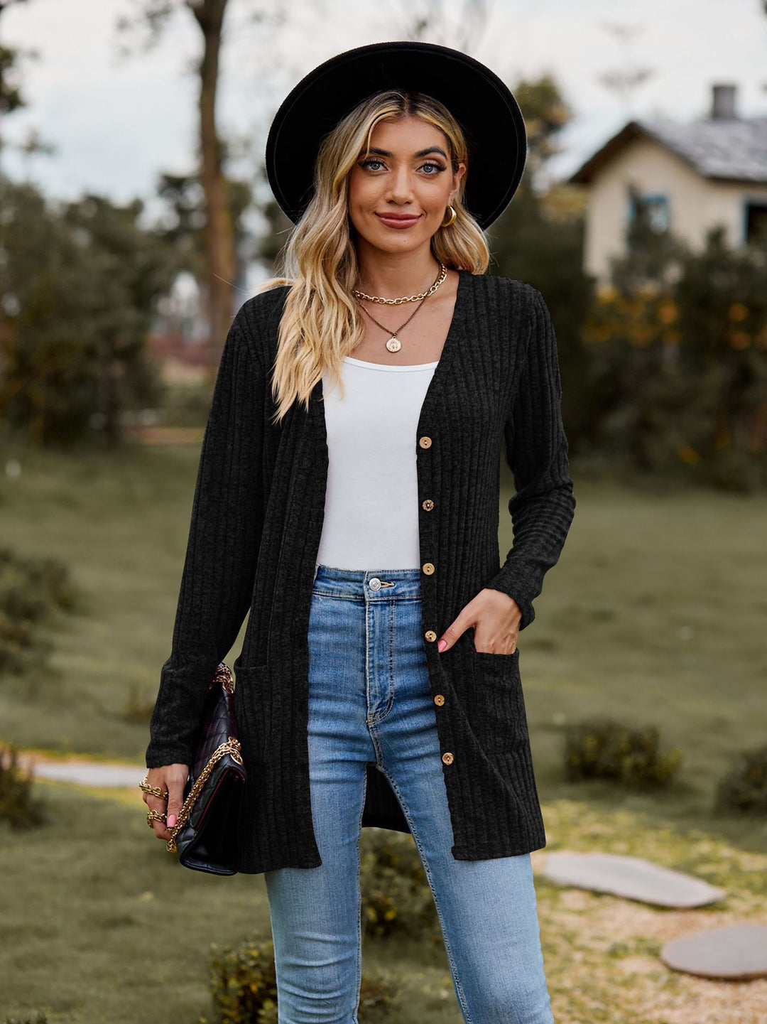 Damen nan langer gerippter Strickcardigan mit Eingrifftaschen und Holzknöpfen Echo Archiv