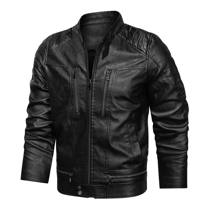 Herren Motorrad-inspirierte Lederoptikjacke mit Stehkragen und Ziernähten – Taviero