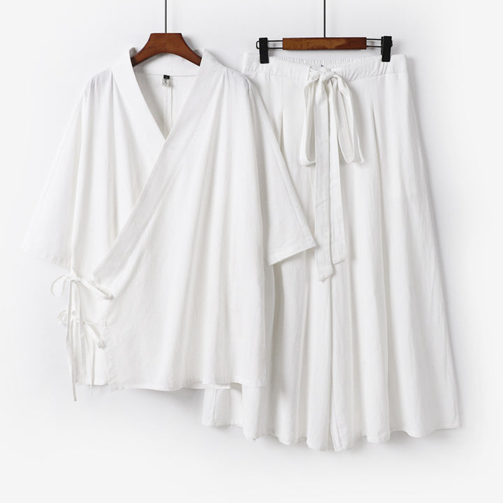 Damen Kimono-Loungewear-Set aus leichter Viskose mit Wickeloberteil und weitem Culotte-Hosenrock Echoarchiv