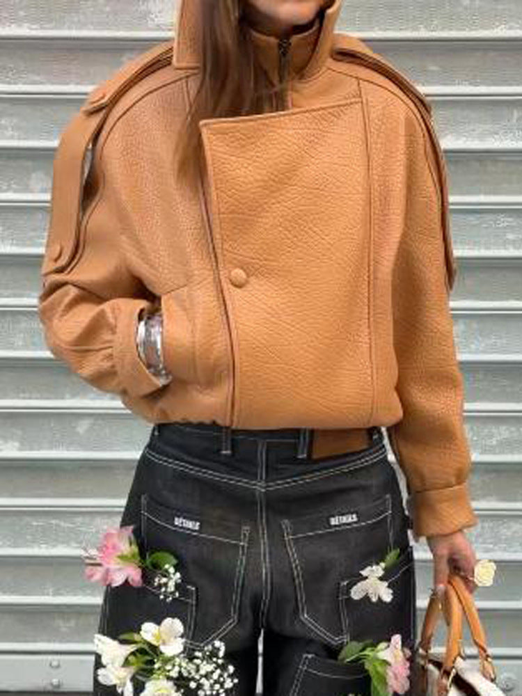 Damen Cropped Oversize-Jacke aus strukturiertem Kunstleder mit hohem Stehkragen Echoarchiv