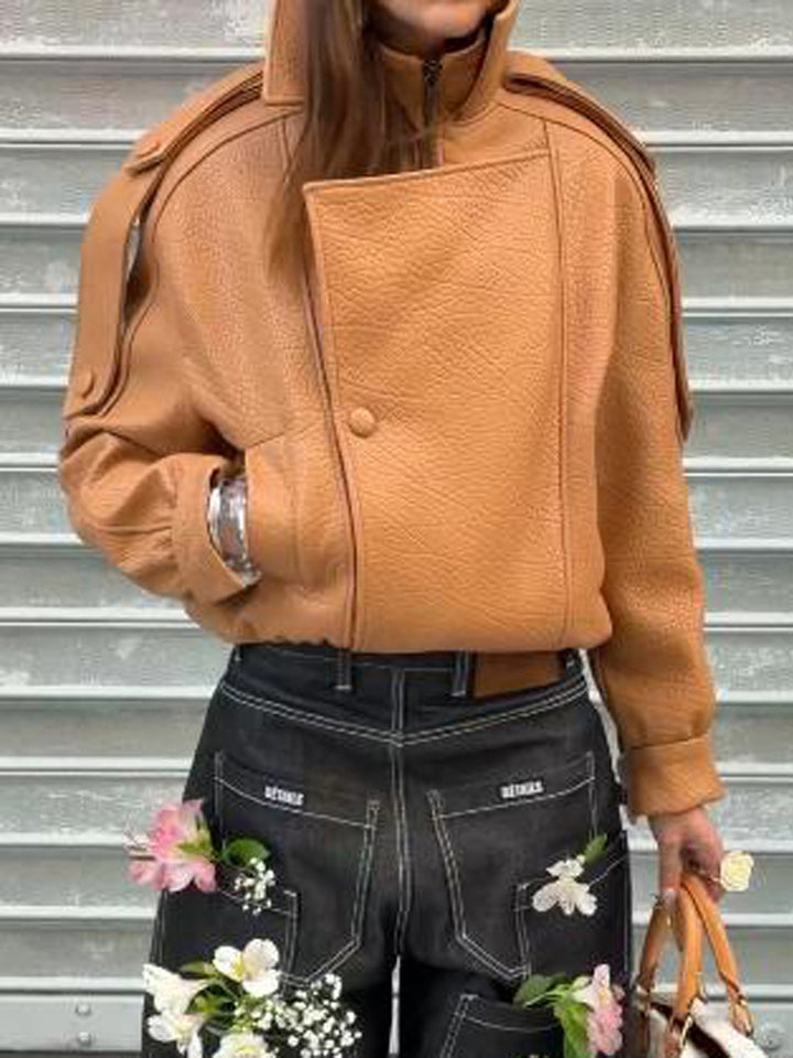 Damen Cropped Oversize-Jacke aus strukturiertem Kunstleder mit hohem Stehkragen Echoarchiv