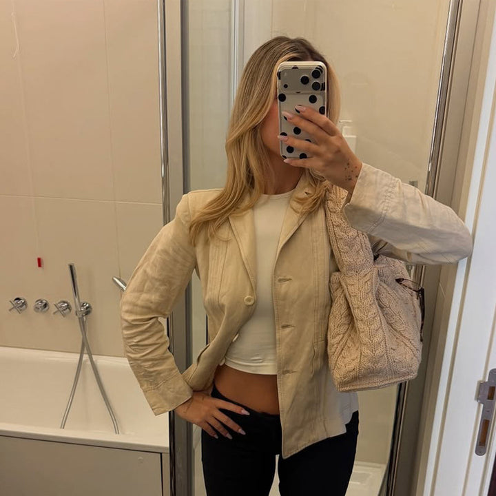 Damen Leichter strukturierter Leinenblazer mit Relaxed‑Fit, Ein-Knopf‑Verschluss & aufgesetzten Taschen Echoarchiv